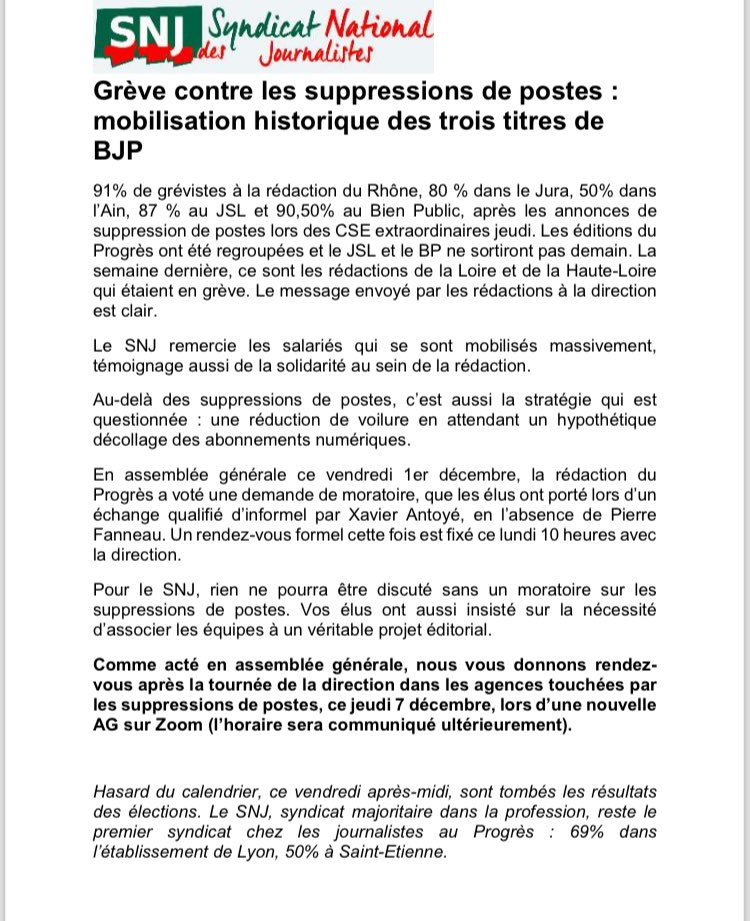 SNJ_014269's tweet photo. La rédaction du Progrès, en grève massive ce vendredi, a exigé de la direction un moratoire, en assemblée générale, pour mettre sur pause les suppressions de postes de journalistes et travailler sur un projet éditorial sérieux ✊✊✊ https://t.co/AvYbLp7KRB