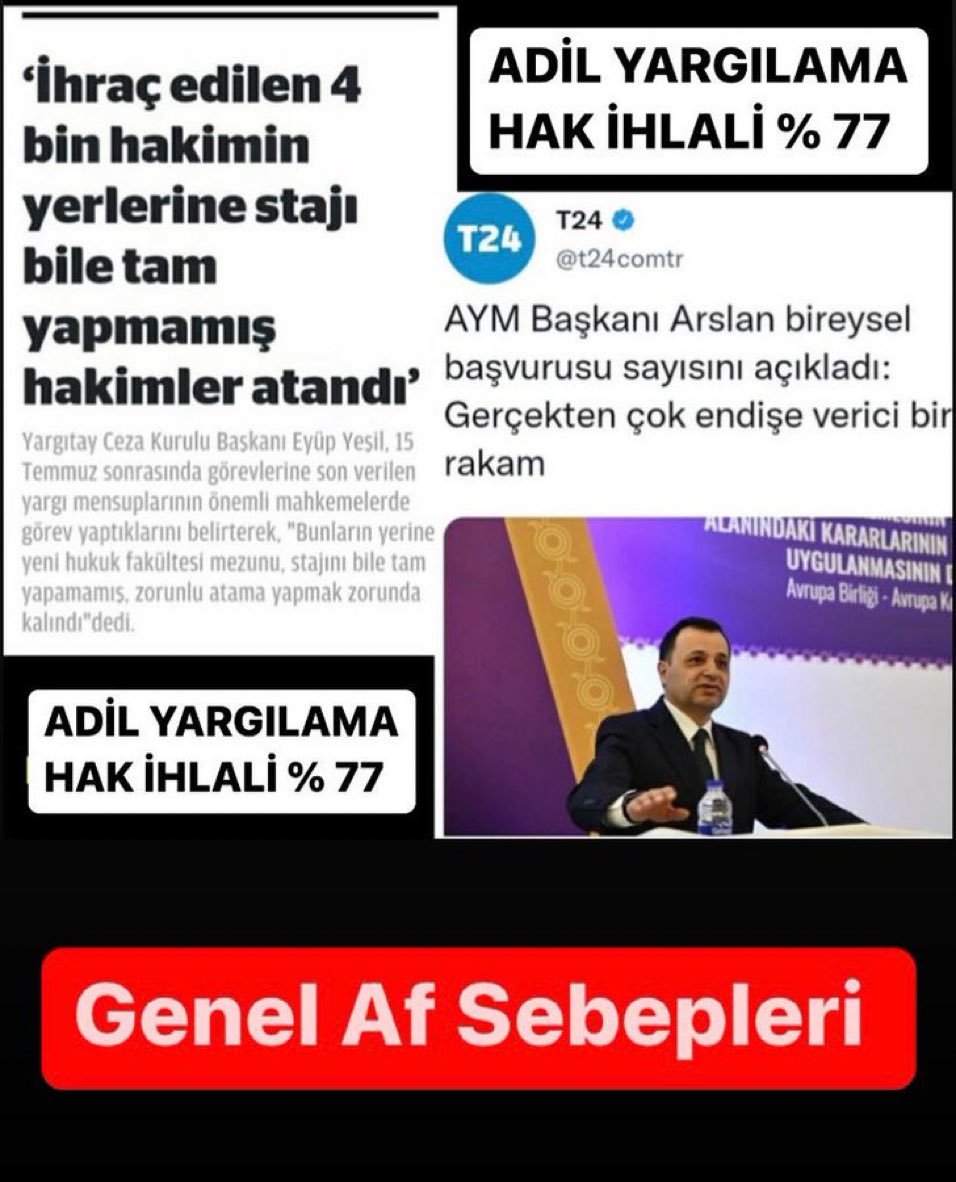 Af gelmeli nedenmi ?
Bilirkişi raporunu dikkate almayan bazı hakimler var.

Anayasa Mahkemesi başkanı Adil yargılamada hak ihlalini %77 olarak açıkladı.

Cezaevleri doldu taştı yeni cezaevleri yapmak çözüm değildir..
<a href="/yilmaztunc/">Yılmaz TUNÇ</a>

Affedin Şansverin Yaşasınlar
R