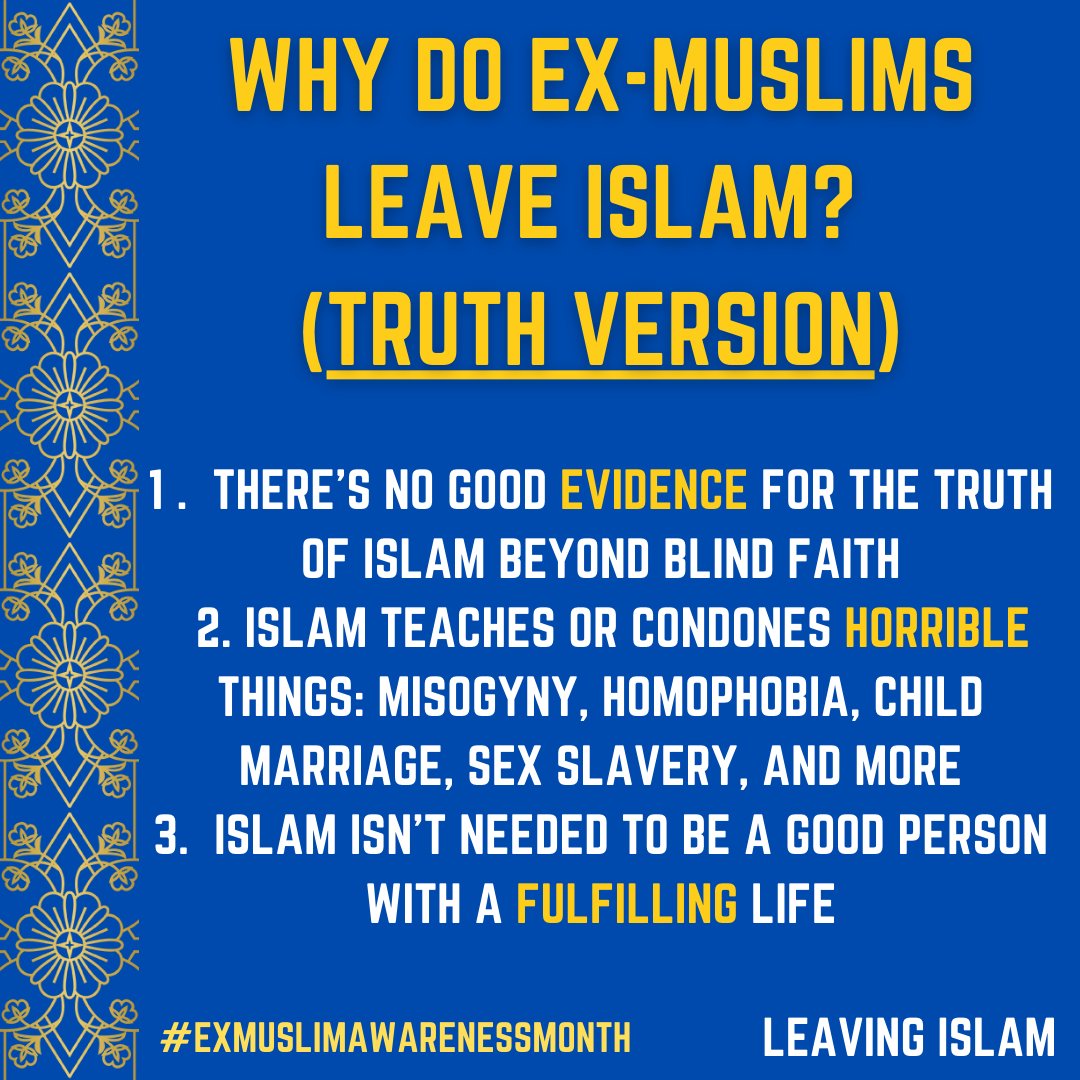 In honour of #exmuslimawarenessmonth this December, I wanted to share the actual reasons why #exmuslims leave Islam, as opposed to the mistaken reasons Muslims often give: