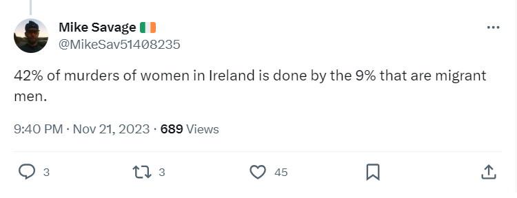 "42% of murders of women in Ireland is done by the 9% that are migrant men" is a made-up statistic.

It's spread to dehumanise immigrants as 'savages'.

I've compiled real stats on murders of women in Ireland, including prior criminal records, to counter this hatred and lies. /1