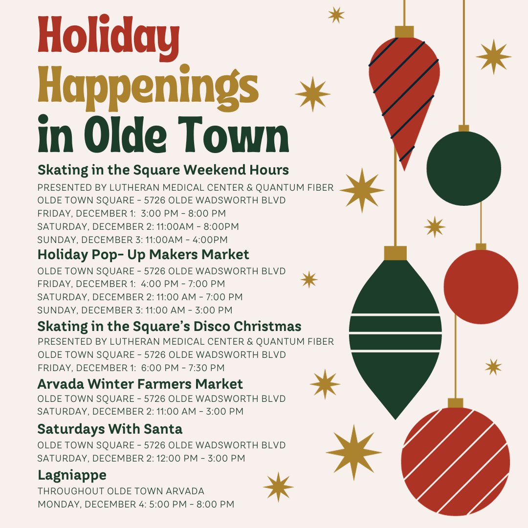 Join us in Olde Town Arvada for a festive weekend packed with holiday cheer! From pop-up markets to Skating in the Square presented by Lutheran Medical Center and Quantum Fiber. There's something for everyone, all happening in Olde Town Arvada!