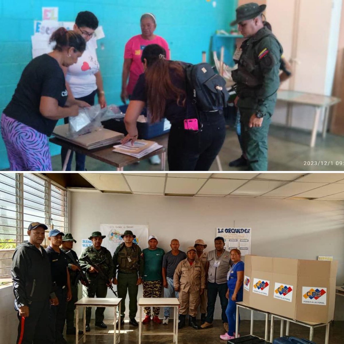 dhernandezlarez's tweet photo. Y mientras tanto luego de haber tomado el 100 % de los centros de votación se avanza en la instalación de las máquinas electorales en perfecta unión y participación protagónica en apoyo al @cneesvzla !

#RumbeaPorElEsequibo https://t.co/lf3axDwumf