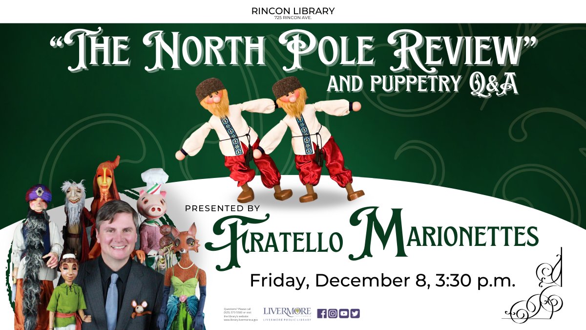 12/8/23 @ 3:30pm #RinconLibrary (725 Rincon Ave) will host @FratelloMarionettes for a winter program performance of “The North Pole Review!” It's a music-based production showcasing a graceful ice skater, Russian Trepak Dancers, & a trio of dazzling acrobatic penguins. All Ages.