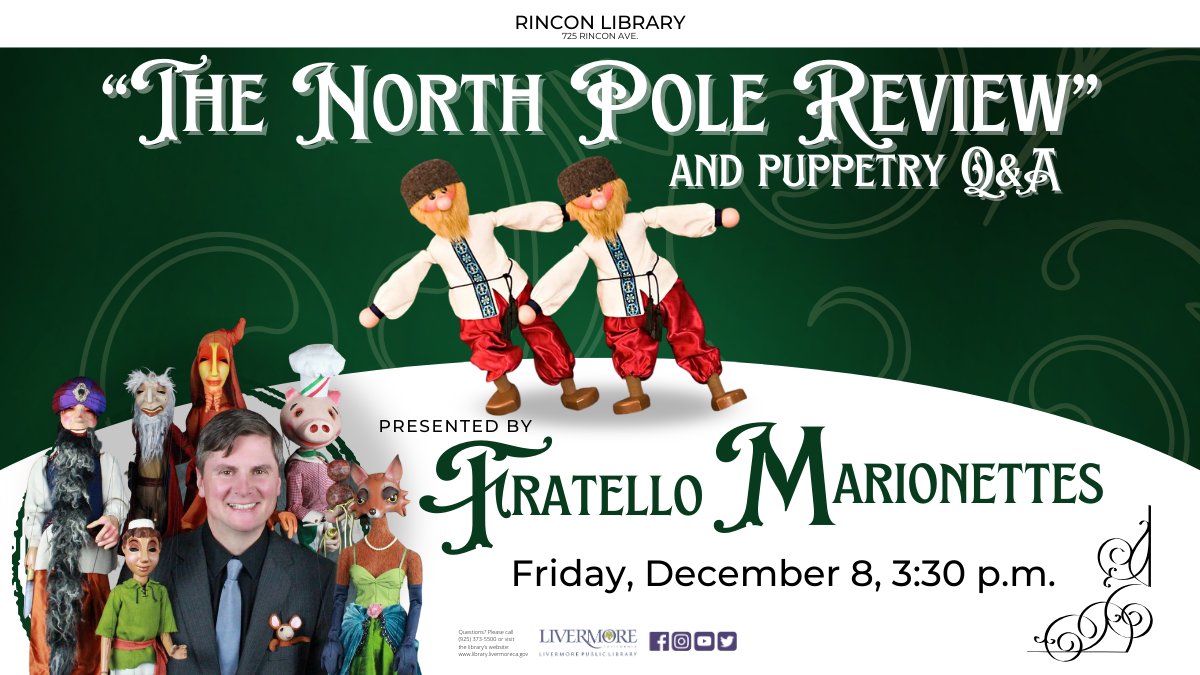12/8/23 @ 3:30pm #RinconLibrary (725 Rincon Ave) will host @FratelloMarionettes for a winter program performance of “The North Pole Review!” It's a music-based production showcasing a graceful ice skater, Russian Trepak Dancers, &amp; a trio of dazzling acrobatic penguins. All Ages.