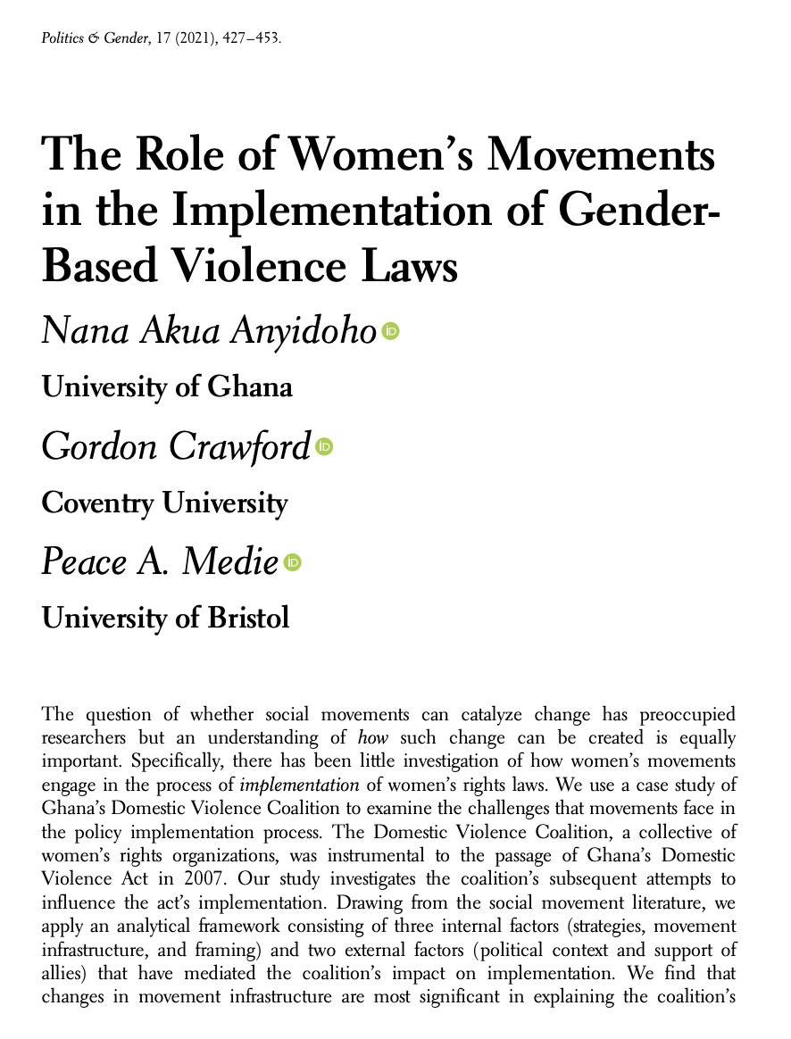 📢New #PAG VSI on Violence against Women @NAnyidoho & co-authors investigate the different impacts women's movements in 🇬🇭 had on the passing vs implementing of VAW laws in 'The Role of Women's Movements in the Implementation of Gender-Based Violence Laws' cambridge.org/core/journals/…