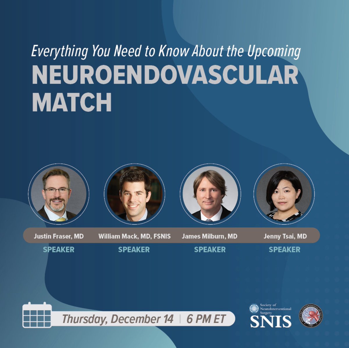 Don't miss this joint webinar with CV Section 'Everything You Need to Know About the Upcoming Neuroendovascular Match' on Thu 12/14 at 6pm ET. This webinar is designed to inform viewers on the details for the upcoming neuroendovascular match process. @SNISinfo