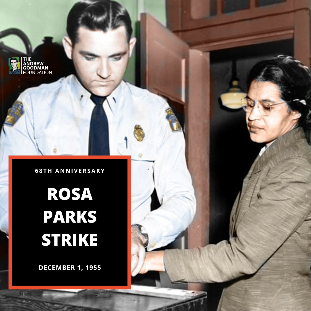 68 years ago, Rosa Parks was arrested for having the audacity to demand equal treatment. Her legacy shows us the power seemingly small acts can have and that we have the power and ability to stand up for what is right and just. #AndrewGoodman #RosaParks #MontgomeryBusBoycott