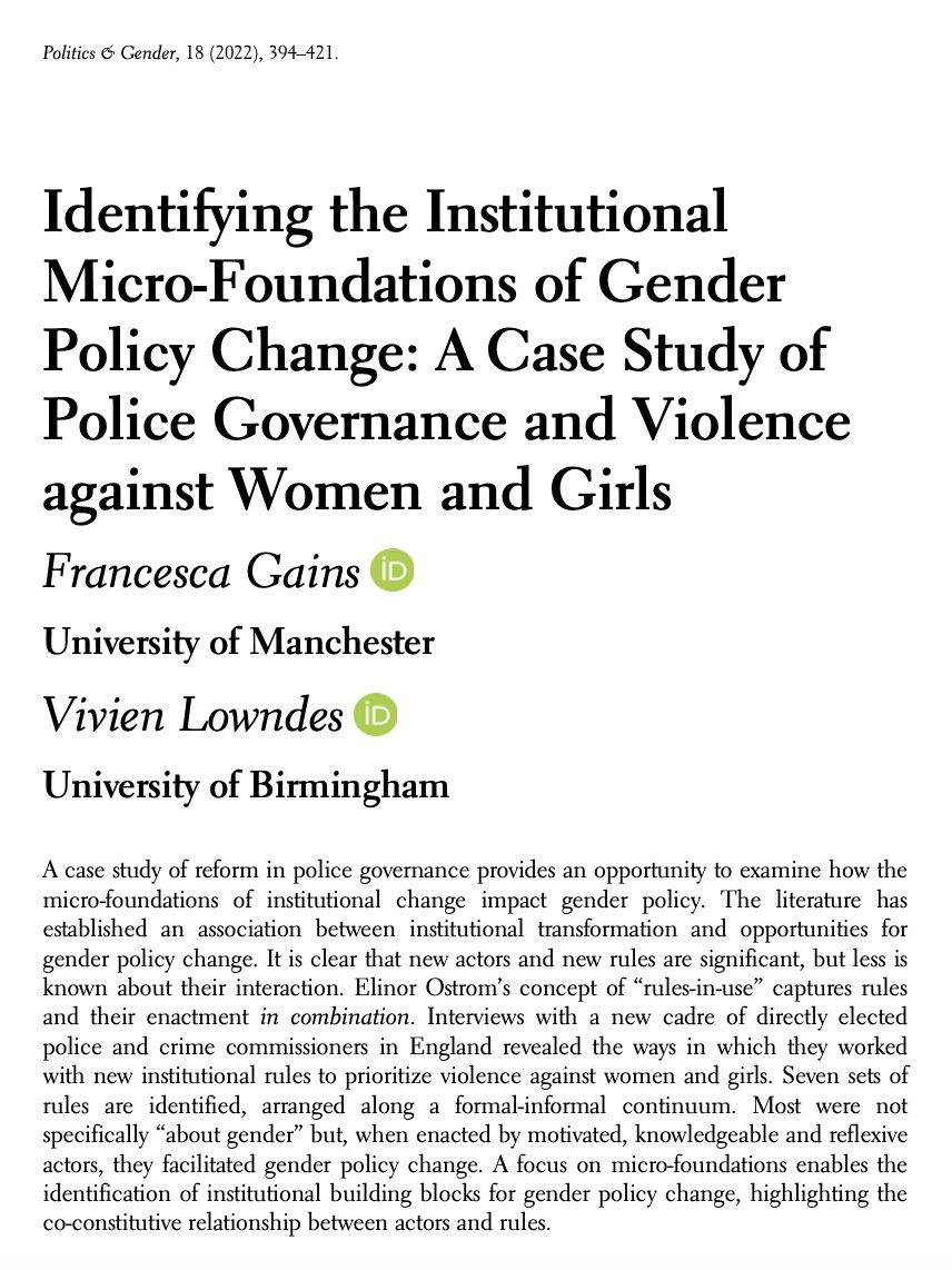 📢New #PAG VSI on Violence against Women 📢 @FrancescaGains & @VivienLowndes in 'Identifying the Institutional Micro-Foundations of Gender Policy Change' interview newly elected police in 🇬🇧 to see how they implemented new rules to respond to VAW cambridge.org/core/journals/…