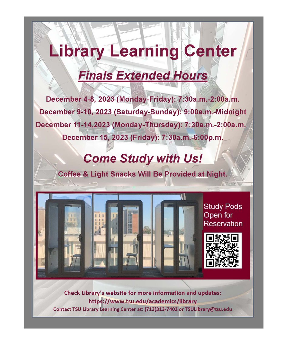 Tigers, finals season is here! The Library Learning Center will be open for extended hours starting Monday. Good luck on finals! #TSUProud #TexasSouthern #TSU