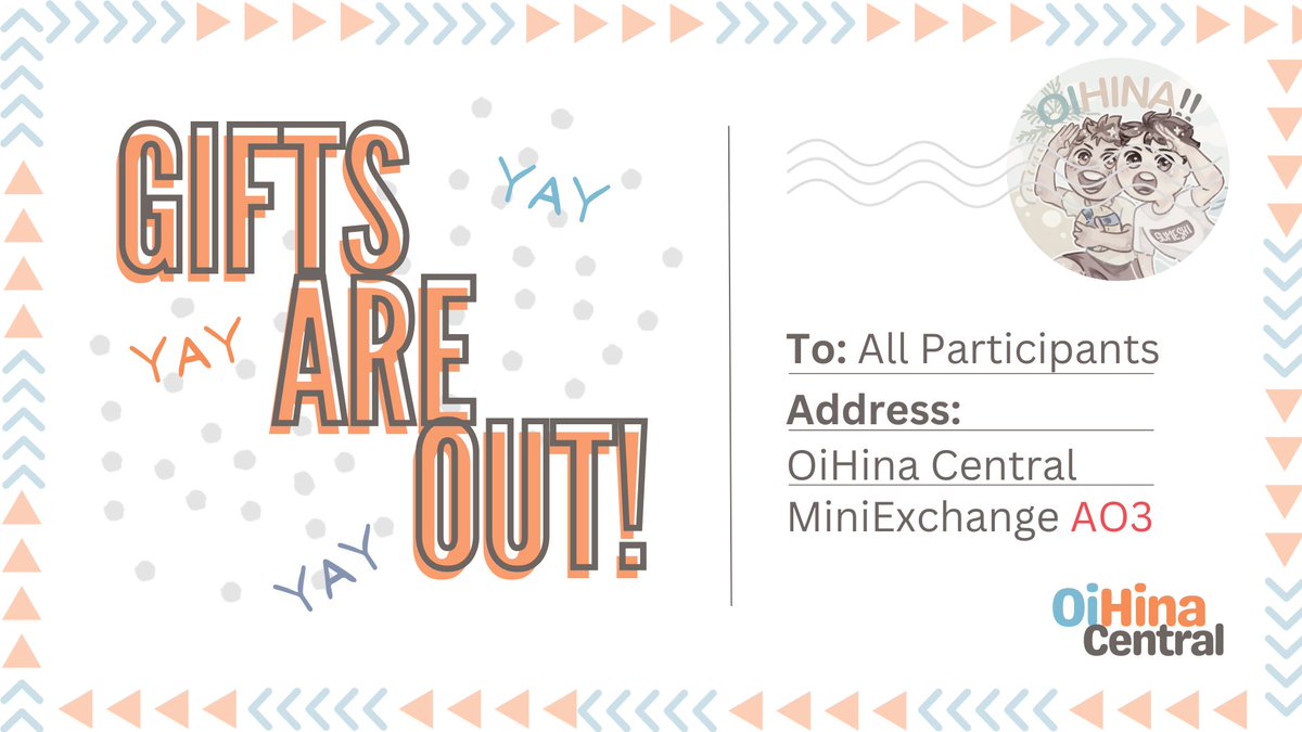 🎁GIFTS ARE OUT!🎁 SAY YAY! We are thrilled to invite everyone to check out all the incredible OiHina entries in our AO3 collection and leave some kudos and/or comments! Collection 🔗-ed below 🩵🧡 Happy first December weekend!
