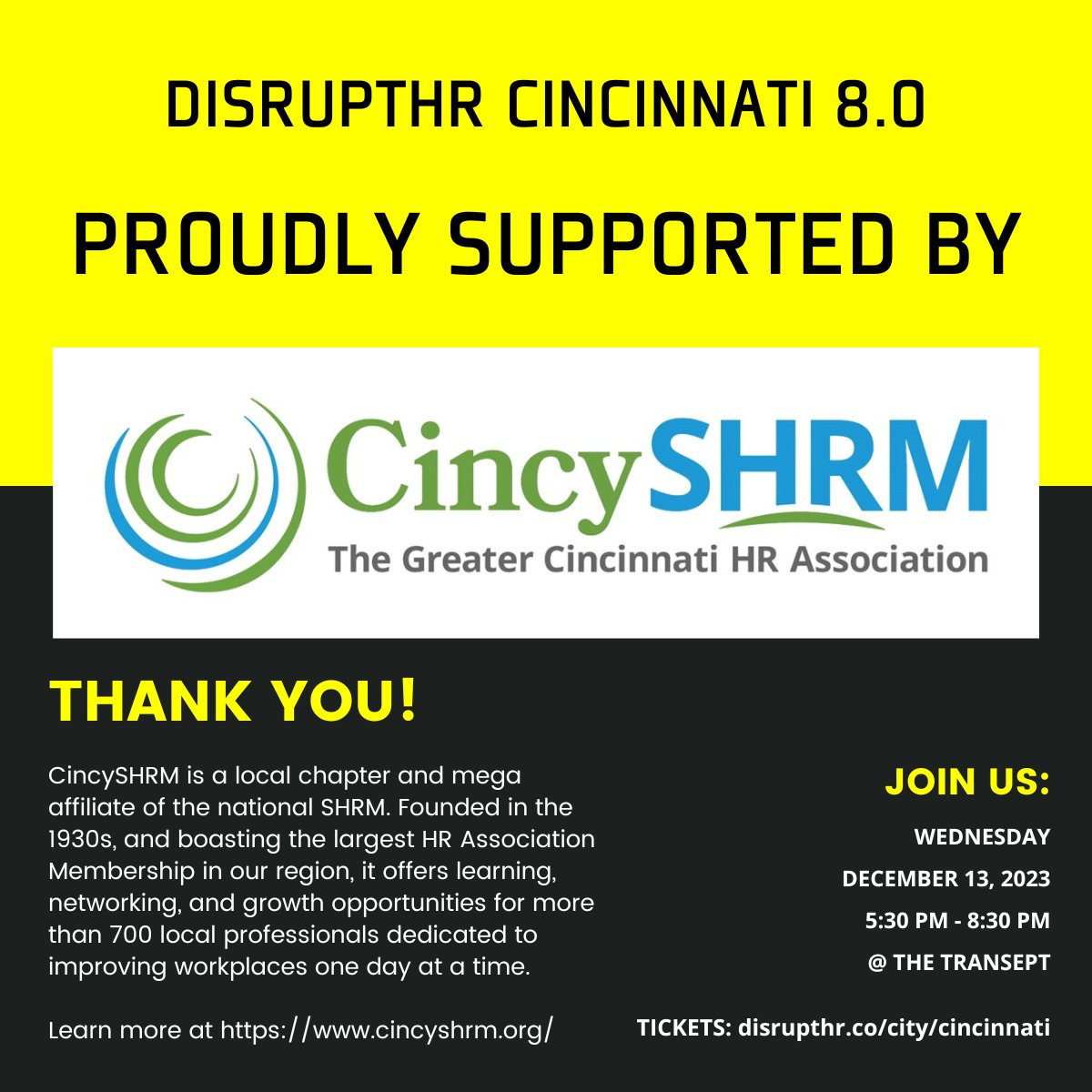 DisruptHR Cincinnati 8.0 on December 13, 2023 is proud to be supported by <a href="/CincySHRM/">CincySHRM</a>!

Join us at DisruptHR Cincinnati 8.0 -> disrupthr.co/city/cincinnat…

#DisruptHR #DisruptHRCincy #CincySHRM #Cincinnati #CincinnatiEvents