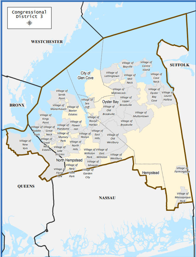 New York's 3rd District: 2020 President: Biden (D) 53%, Trump (R) 45% 2022 Governor: Zeldin (R) 56%, Hochul (D) 44% 2022 Senate: Pinion (R) 52%, Schumer (D) 48% 2022 House: Santos (R) 54%, Zimmerman (D) 46% In 2022, 82% of total #ny03 vote came from Nassau, 18% from Queens