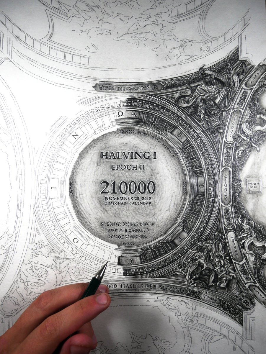 bitcoin__apex's tweet photo. 60 hours have gone into the first drawing of my 4-part #Bitcoin  Halving series. A few eastereggs have already built in, but there's much more to come.

Every 4 years this series will have a new drawing, until I die. Within my lifetime, I wish to immortalize all Halvings artistically and maybe someone will continue it when I am gone.