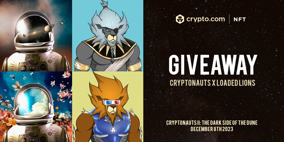 Cryptonautscdc's tweet image. 🔥🔥🔥 Excited to colab with the biggest community in the #crofam:

@LoadedLions_CDC x @Cryptonautscdc 🚀🚀

We're giving away 10x NFTs (10 winners) from "Cryptonauts: The dark side of the dune", dropping on @cryptocomnft december 8th, exclusively to LoadedLions holders 🦁

To…