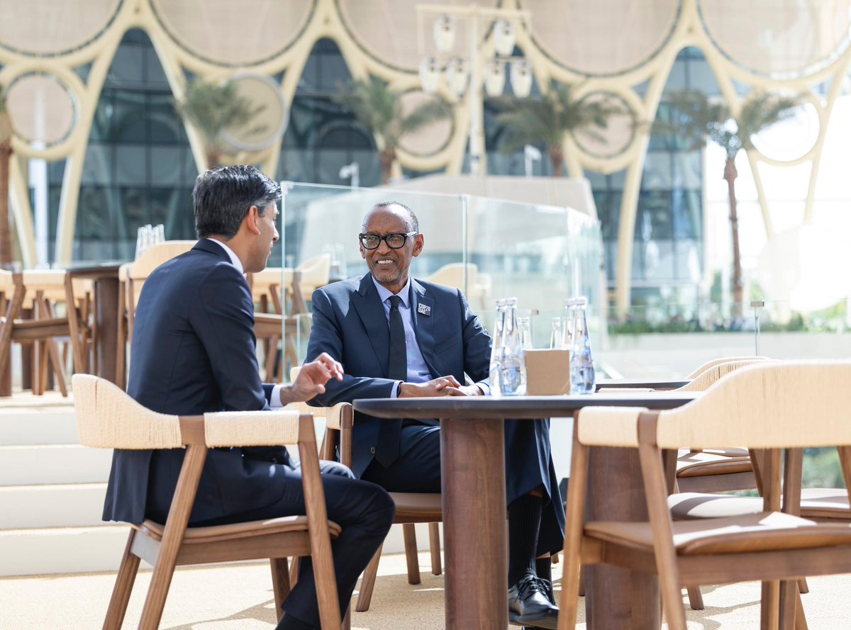 UrugwiroVillage's tweet photo. On the sidelines of #COP28, President Kagame exchanged with various leaders including UK Prime Minister Rishi Sunak @RishiSunak, President of Togo Faure Gnassingbé, Gabon’s Transitional President General Brice Oligui Nguema, and President of the European Council Charles Michel @CharlesMichel