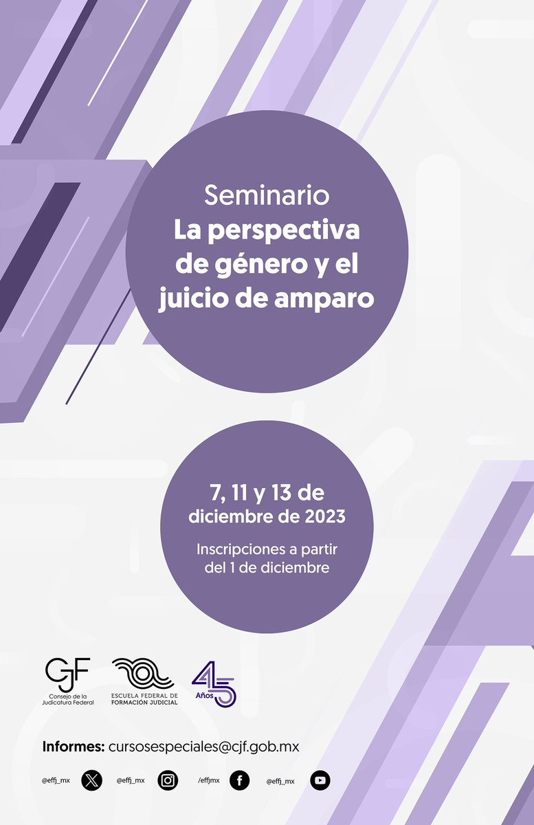 Seminario 🟣 #PerspectivadeGénero y el juicio de amparo 🔺Dirigido a personal del #PJF y al público en general Convocatoria: cutt.ly/kwOCxK2Z Inscripciones: escuelajudicial.cjf.gob.mx #SoyCarreraJudicial