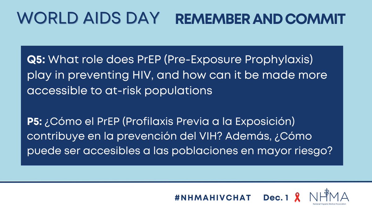 NHMAmd's tweet photo. Q5: What role does PrEP (Pre-Exposure Prophylaxis) play in preventing HIV, and how can it be made more accessible to at-risk populations? #NHMAHIVCHAT https://t.co/HqHluepGOR