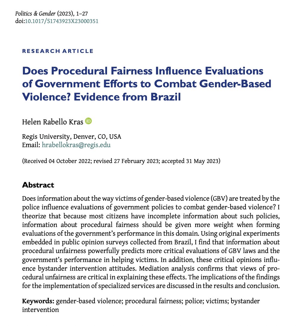 📢New #PAG VSI on Violence against Women #OpenAccess 📢 Helen Rabello Kras finds that awareness that victims have been treated unfairly by the police leads to more critical evaluations of these laws and the government’s performance in 🇧🇷 cambridge.org/core/journals/…