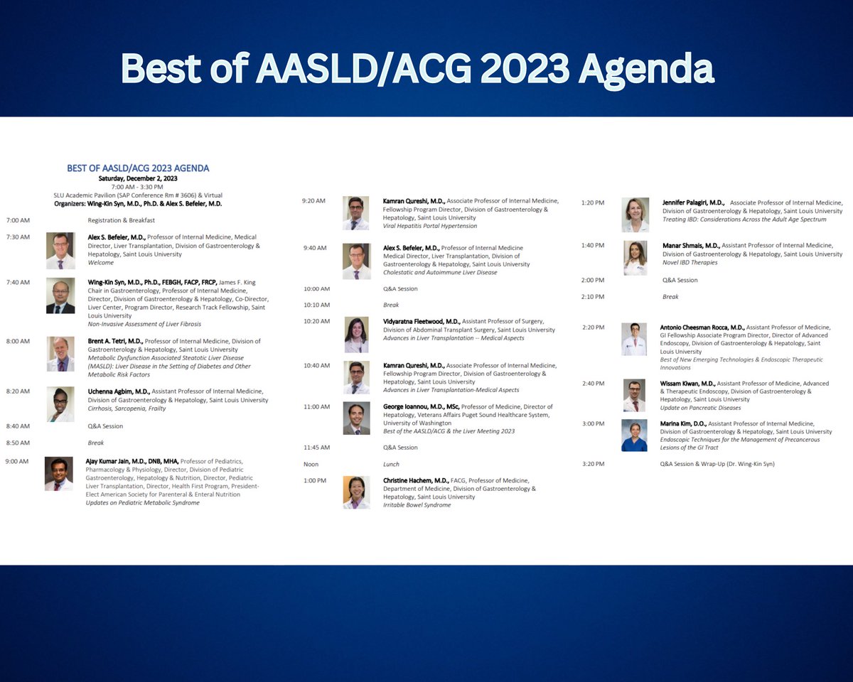 SLU Gastroenterology & Hepatology (@slugastro) on Twitter photo 📣 Fantastic line-up for the SLU GI best of ACG and AASLD event tomorrow 12/2! 🙌😍 #GItwitter #livertwitter
<a href="/drcheesman/">Antonio Cheesman, MD</a> <a href="/KiwanGIDoc/">Wissam Kiwan M.D.</a> <a href="/BalissMichelle/">Michelle Baliss, DO</a> <a href="/ShmaisManar/">Manar Shmais</a> <a href="/AliKhalifaMD/">Ali Khalifa, MD MSc (c)</a> <a href="/NumanLaith/">Laith Numan, MD, MS</a> <a href="/gnioannou/">George Ioannou</a> <a href="/RaviNayakMD/">Ravi Nayak, MD,FCCP, FRCP</a> <a href="/slusom/">SLU Medicine</a> <a href="/im_slu/">SLU Internal Medicine Residency</a> <a href="/UchennaAgbim/">Uchenna Agbim, MD</a> 📣 Fantastic line-up for the SLU GI best of ACG and AASLD event tomorrow 12/2! 🙌😍 #GItwitter #livertwitter
<a href="/drcheesman/">Antonio Cheesman, MD</a> <a href="/KiwanGIDoc/">Wissam Kiwan M.D.</a> <a href="/BalissMichelle/">Michelle Baliss, DO</a> <a href="/ShmaisManar/">Manar Shmais</a> <a href="/AliKhalifaMD/">Ali Khalifa, MD MSc (c)</a> <a href="/NumanLaith/">Laith Numan, MD, MS</a> <a href="/gnioannou/">George Ioannou</a> <a href="/RaviNayakMD/">Ravi Nayak, MD,FCCP, FRCP</a> <a href="/slusom/">SLU Medicine</a> <a href="/im_slu/">SLU Internal Medicine Residency</a> <a href="/UchennaAgbim/">Uchenna Agbim, MD</a>