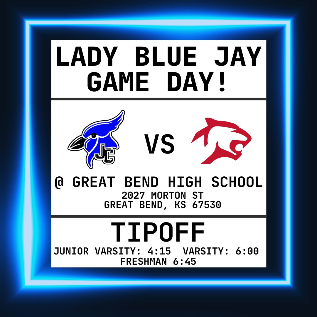It's GAME DAY! Your Lady Blue Jays are on the road to take on the Great Bend Panthers! Tickets are $7 for students K-12 and adults. We hope to see you there!

Watch live at: youtube.com/c/GBHSAthletics