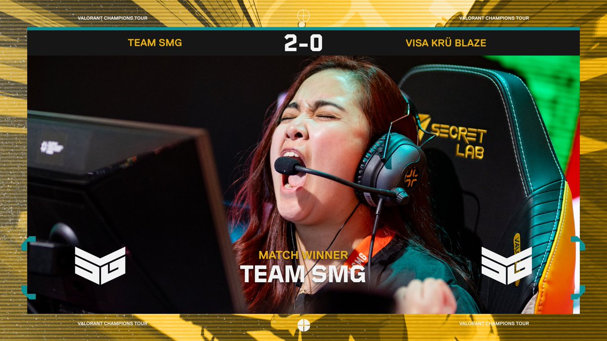 ValorantEsports's tweet photo. Team SMG comes away victorious in the face of elimination! #SMGVamos #VCTGameChangers https://t.co/zARPFQgGJy