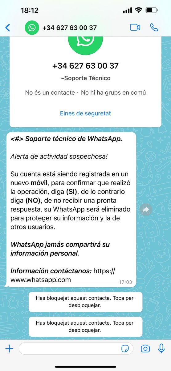 ⚠️ ALERTA: Comença a ser molt habitual rebre aquest missatge. Bloquegeu el contacte i elimineu el missatge. Sobretot no contesteu, us poden robar el compte. Fins els nassos! #phisingwhatsapp