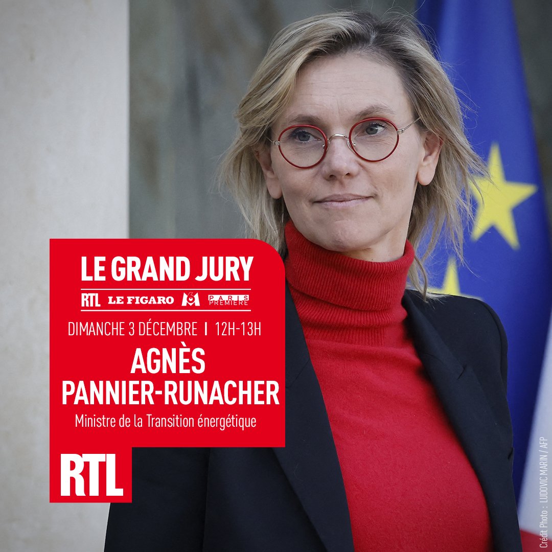 RTLFrance's tweet photo. 🎙🔴📻🗣️ Dimanche 3 décembre à partir de 12h, la ministre de la Transition Énergétique @AgnesRunacher sera l'invitée du #GrandJury #RTL @m6info @ParisPremiere @Le_Figaro. Elle répondra aux questions d'@olivierbost, @paulineB et @jimjarrasse https://t.co/0kr8cQe72r
