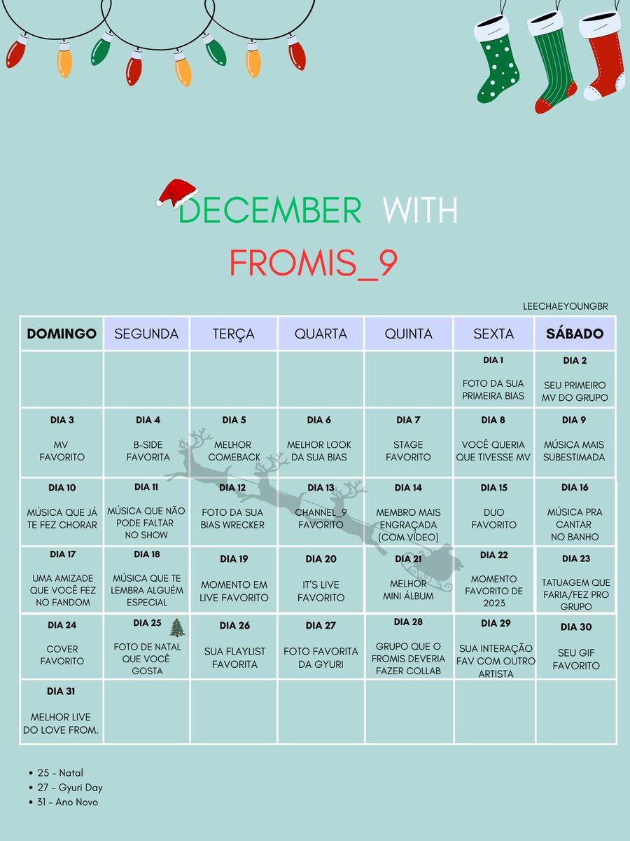 LeeChaeyoungBR's tweet photo. Dezembro chegou e com ele o LCBR trouxe uma brincadeira pra vocês. 

31 dias com o fromis! Tem dinâmica de fotos e vídeos pra cada dia. Aproveitem, podem fazer como quiserem! 🍀🎄 https://t.co/WbSWao4BIj