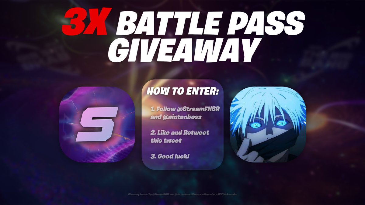 3X Chapter 5, Season 1 Battle Passes Giveaway! 

- Follow <a href="/StreamFNBR/">Stream</a> and <a href="/nintenboss/">Ninten</a> 
- Like and Retweet this Tweet

Ends in 48 hours, good luck everyone! 💜