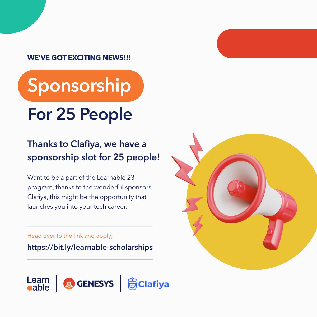 _learnable's tweet photo. We've got news! 💃🏿💃🏿

The amazing people at Clafiya have graciously sponsored 25 people to be a part of the learnable program.

If you think you deserve a spot let us know via the link: https://t.co/UlX72MTUl1 https://t.co/MlPU2rs6lM