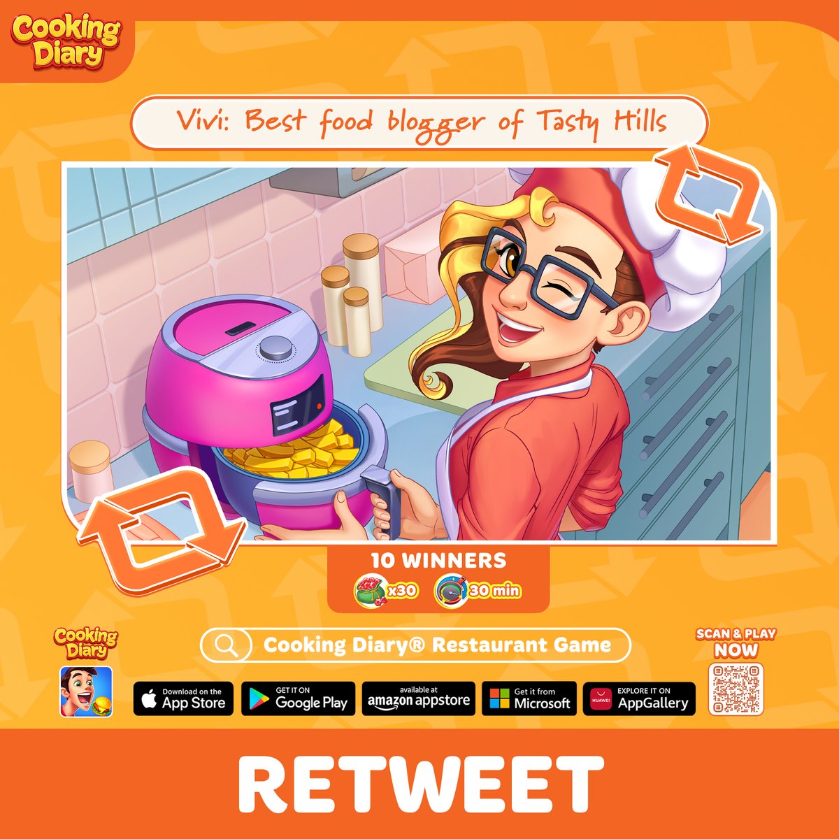 cookingdiary's tweet photo. 🚀 Contest Alert! 🚀 Retweet to Win! ✨
Meet Vivi, our beloved food blogger in Tasty Hills! 📸 Follow her delicious journey on Instagram https://t.co/BquKsYr1aL for mouthwatering treats, exciting contests, and more culinary delights 💕

Here's how to participate:
1) Follow us @cookingdiary
2) Retweet this tweet

▼ 10 winners will win 30 rubies and 30 min. Megapan!

Contest window: From December 1st to December 8th, 2023, ending at 23:59 GMT +7.
10 lucky winners will be revealed on December 7th.

Entering means you agree to our Contest Terms: https://t.co/A9soO0kNze.

Attention, Chefs! When the results roll in, keep an eye on your DMs. If your profile is private, adjust your settings so we can reach out to you. Miss the call? Prizes might just slip away. Whip up some luck, Chefs!

#cookingdiary #giveaway #mobilegame #contest