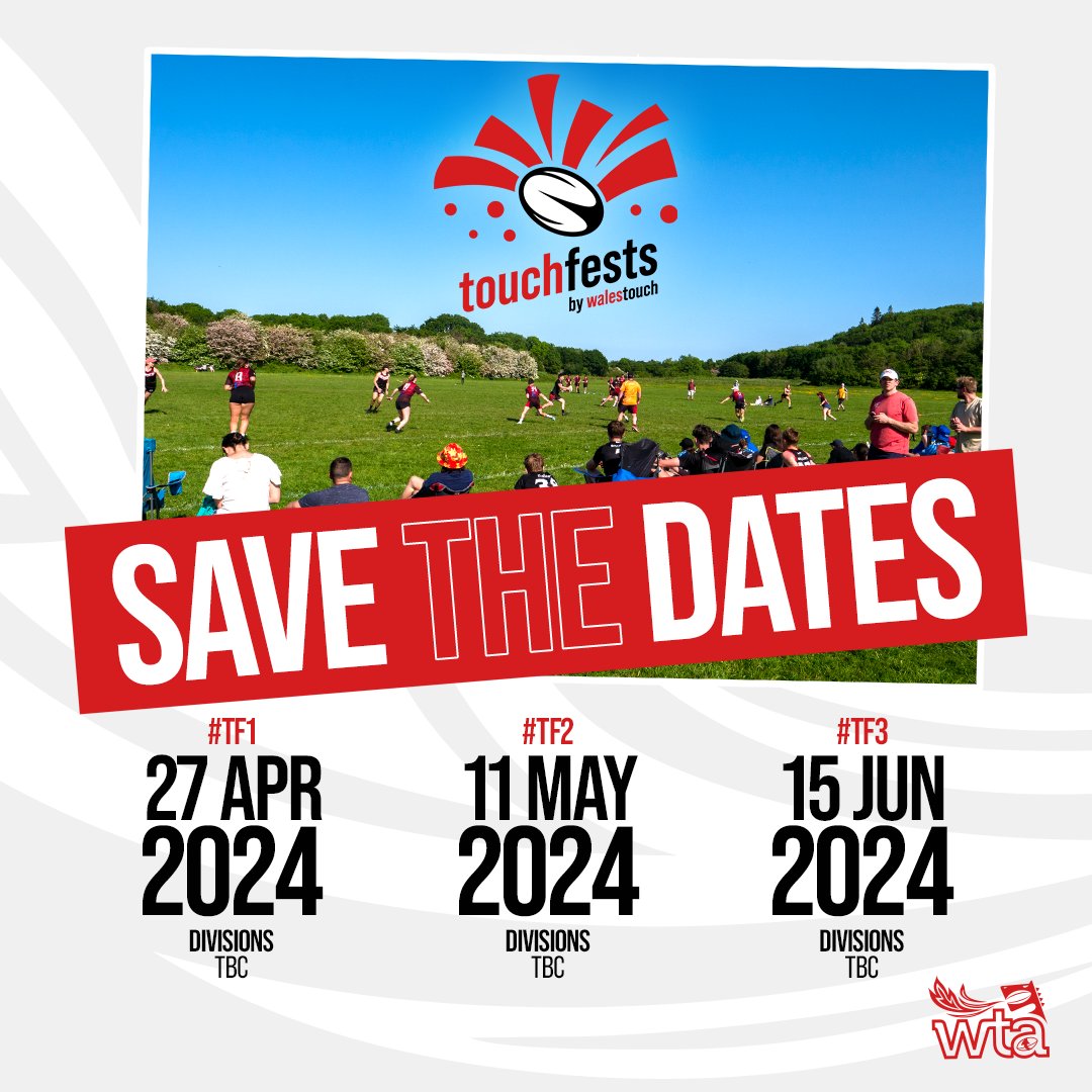 🎉 TouchFests 2024 Dates 🎉 Wales Touch are delighted to announce 3 x Touch tournaments that will take place in the first half of 2024. Join our touch footy fests by entering a team into these fun, social yet competitive summer tournaments! All levels and abilities are welcome.