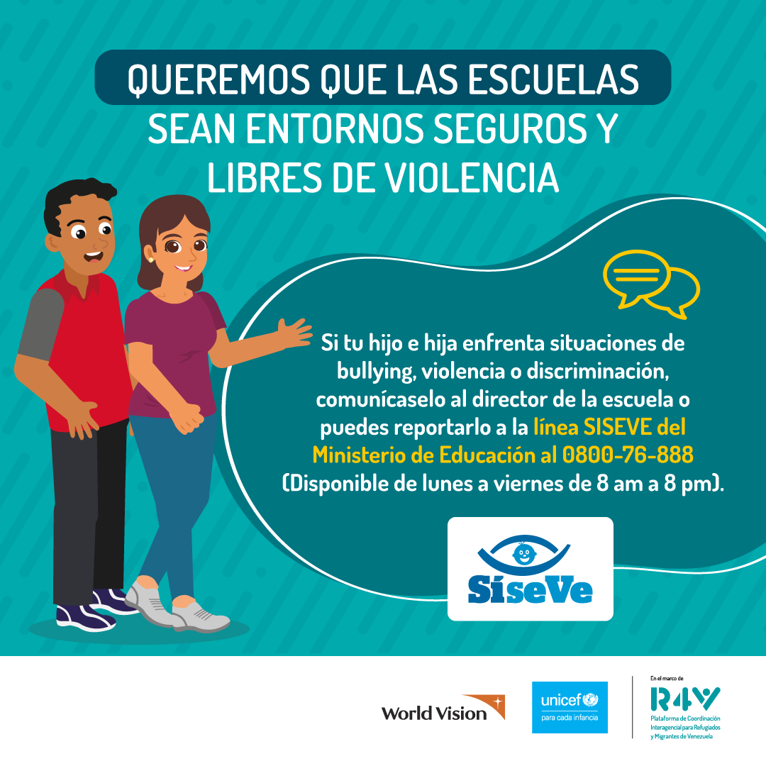 UNICEFperu's tweet photo. ¡Hagamos que las escuelas sean entornos seguros y libres de violencia!
Si conoces un caso de bullying, violencia o discriminación repórtalo en la línea #SiseVe.
@MineduPeru @WorldVisionPeru https://t.co/fe75IVbBmP