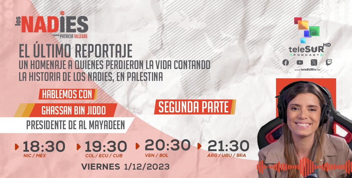 teleSURtv's tweet photo. Descubre la poderosa historia de #LosNadies en #Palestina 🇵🇸

Conversaremos con el presidente de #AlMayadeen para entender las vidas perdidas y la valiente narrativa del pueblo palestino

#IIParte

👉https://t.co/tqMKHfl0b4 https://t.co/vprnD4dcBJ