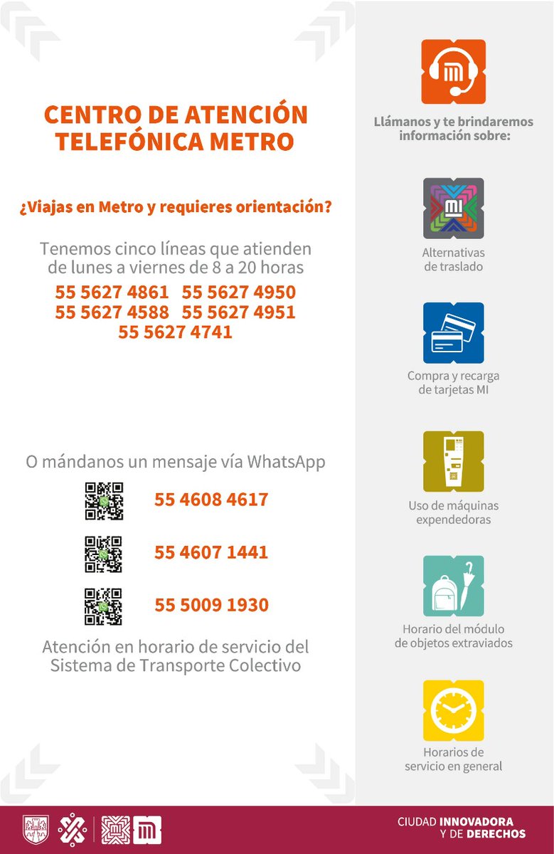 MetroCDMX's tweet photo. Conoce los números y horarios del Centro de Atención Telefónica Metro ☎️, en los que podrás comunicarte con nosotros: https://t.co/7qK3PQp3Ph