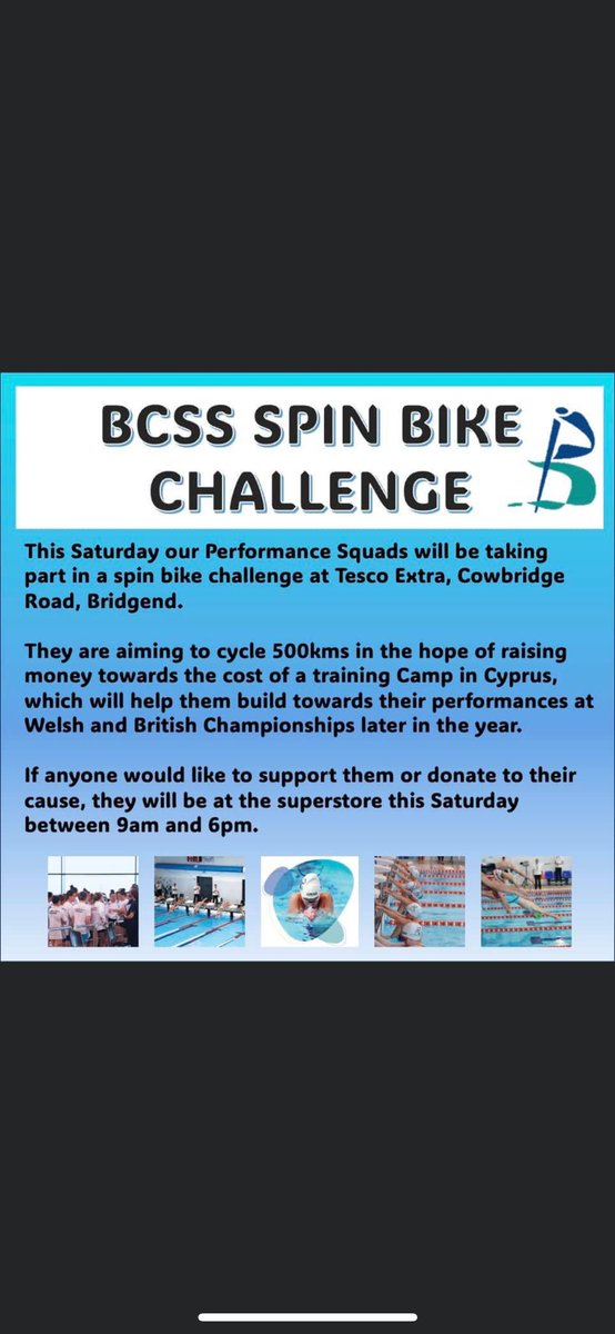 🚴‍♀️🚴 BCSS Spin Bike Challenge 🚴‍♀️🚴

The swimmers who are taking part in the Cyprus swim camp will be at Tesco this Saturday trying to raise money towards it. 

Please can you spread the word!!! 
🇨🇾💪🏊🏊🏻‍♀️🚴🚴‍♀️💪🇨🇾
