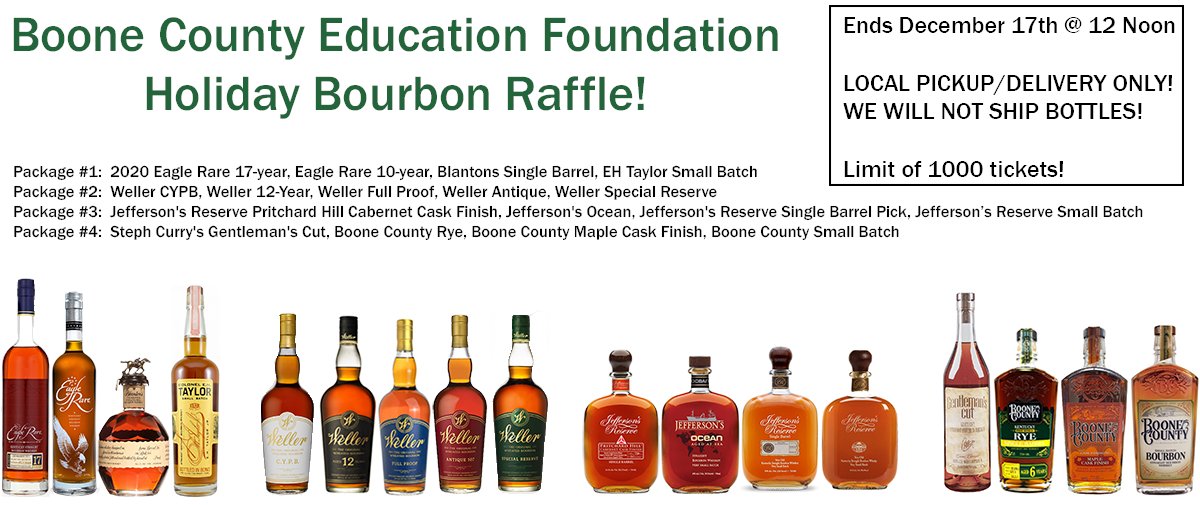 Our 3rd Annual Holiday Bourbon Raffle is now live! Get your chance to win some extremely rare bourbon, all while helping support innovative learning opportunities in <a href="/Boone_County/">Boone County Schools</a> classrooms! 100% of the proceeds go directly back into the classroom! boonecountyeducationfoundation.org/holidaybourbon…