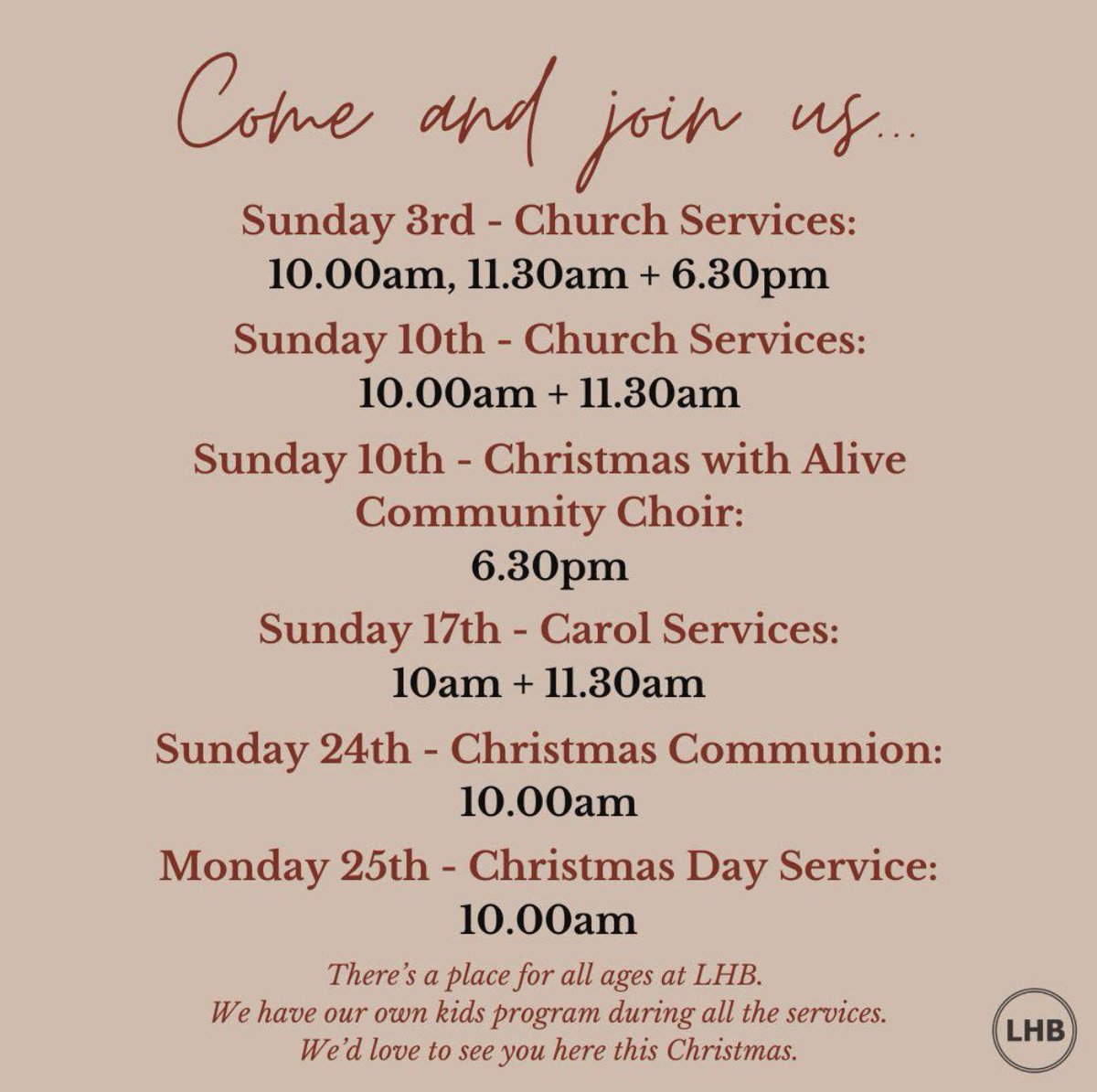 Christmas at Living Hope 🎄🎄

We have SO much going on that we would love you and your family to be involved with this year.

Here's what happening at our Church services in December

There really is a seat for you at Church this Christmas🤍