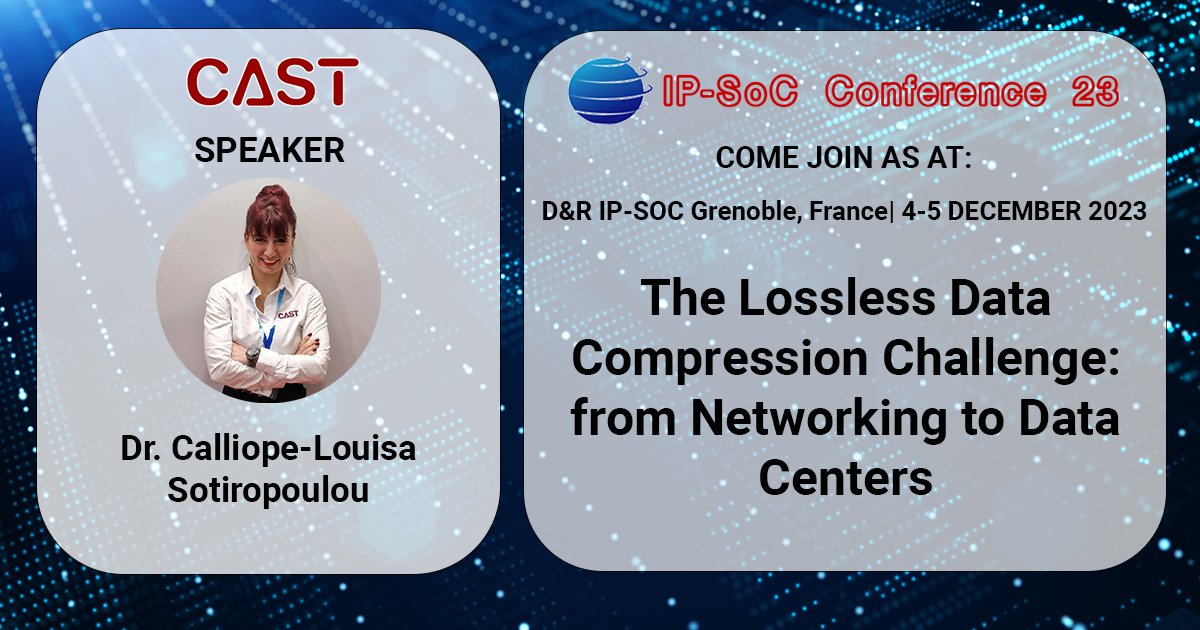 castcores's tweet image. Join us at the @designreuse IP-SoC Day in Grenoble, France, next week! Connect with the CAST team, and be sure to hear our Dr. Calliope-Louisa Sotiropoulou talk on the challenges of data compression. See you there!
design-reuse-embedded.com/dr-embedded/ip…
#IPcores #Compression #GZIP