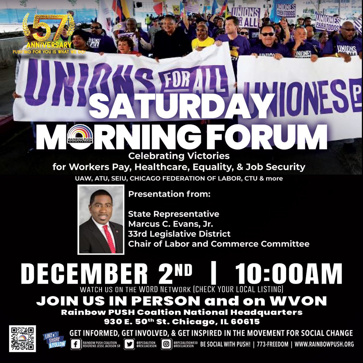 RPCoalition's tweet photo. Join us for this week’s #SMF! WE ARE CELEBRATING  VICTORIES for #workerspay, #healthcare, #equality &amp; #jobsecurity. #StateRepMarcusEvans will be our featured guest! We are LIVE and IN-PERSON!  @UAW  @SEIU  @chicagolabor @CTULocal1 &amp; more! https://t.co/XT5aHJeq8L