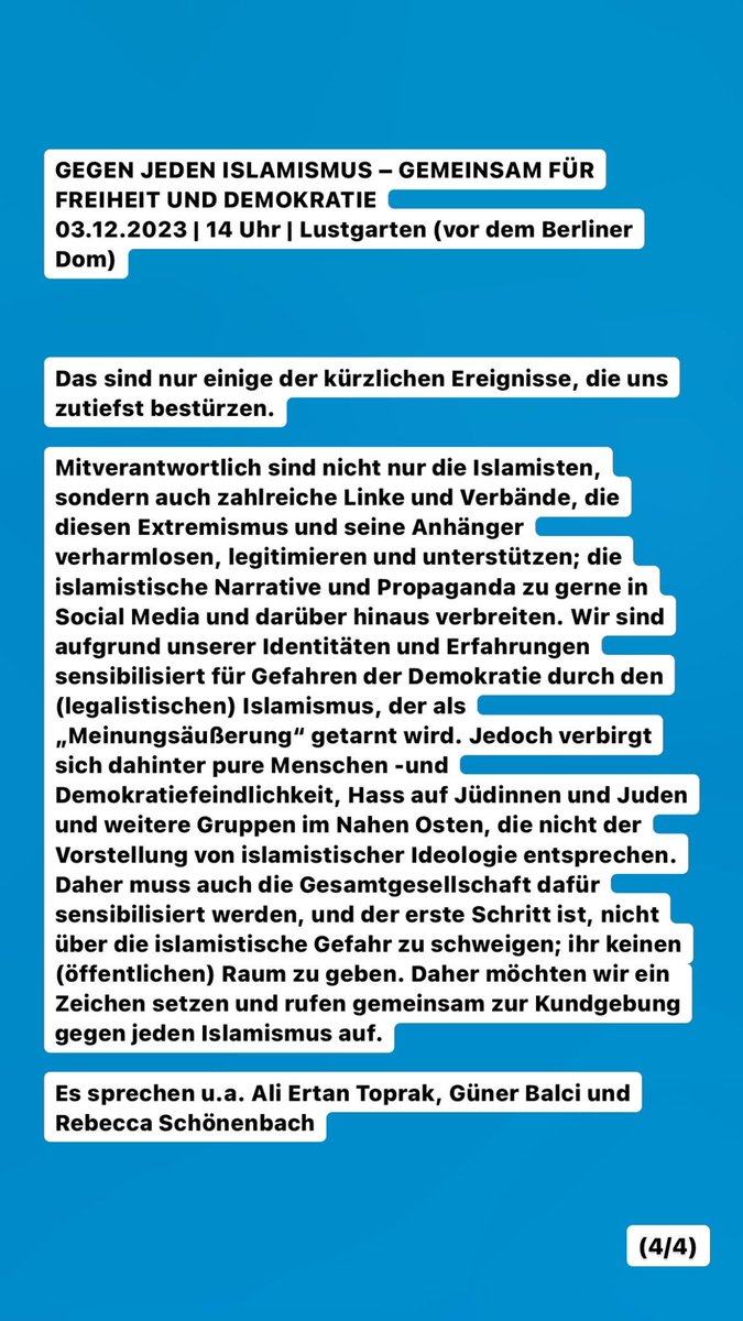 GEGEN JEDEN ISLAMISMUS – Gemeinsam für Freiheit und Demokratie Statement zur Kundgebung 03.12.2023 | 14 Uhr | Lustgarten (vor dem Berliner Dom)