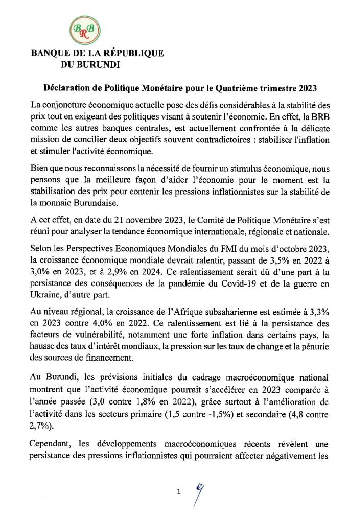 IntumwaNews's tweet photo. Déclaration de la @BankiNkuru sur la politique monétaire #Burundi https://t.co/Yi6JhTUx26