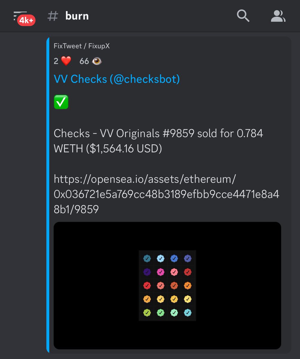 Quick shoutout to two legends in the VV community!

Due to changes in the X API (thanks <a href="/elonmusk/">Elon Musk</a>), bots have been broken in the Checks discord…

But <a href="/Cibbers_/">Cibbers</a> and <a href="/PaiNishant/">nishu</a> have both stepped up and created valuable bots for @checksbot and <a href="/opepenedition/">◶◶*</a>.

Show them some ❤️!