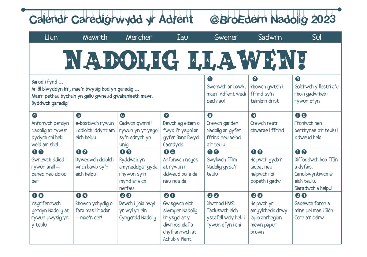 Mae’r adeg na o’r flwyddyn wedi cyrraedd - mae Calendr Caredigrwydd yr Adfent yn ei ôl ar gyfer #TeuluBroEdern ✨ The Advent has arrived, and with it our annual Kindness Calendar for Bro Edern families #joio