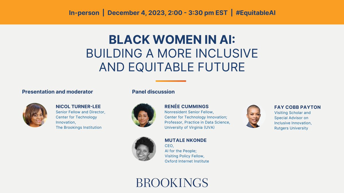 ICYMI - This is happening on Monday, December 4 and it's in person! I am sooo excited to welcome my colleagues and friends on this panel focused on #BlackWomeninAI. Sign up here: brookings.edu/events/black-w… #AI #racialequity #technology #civilrights @BrookingsGov @BrookingsInst