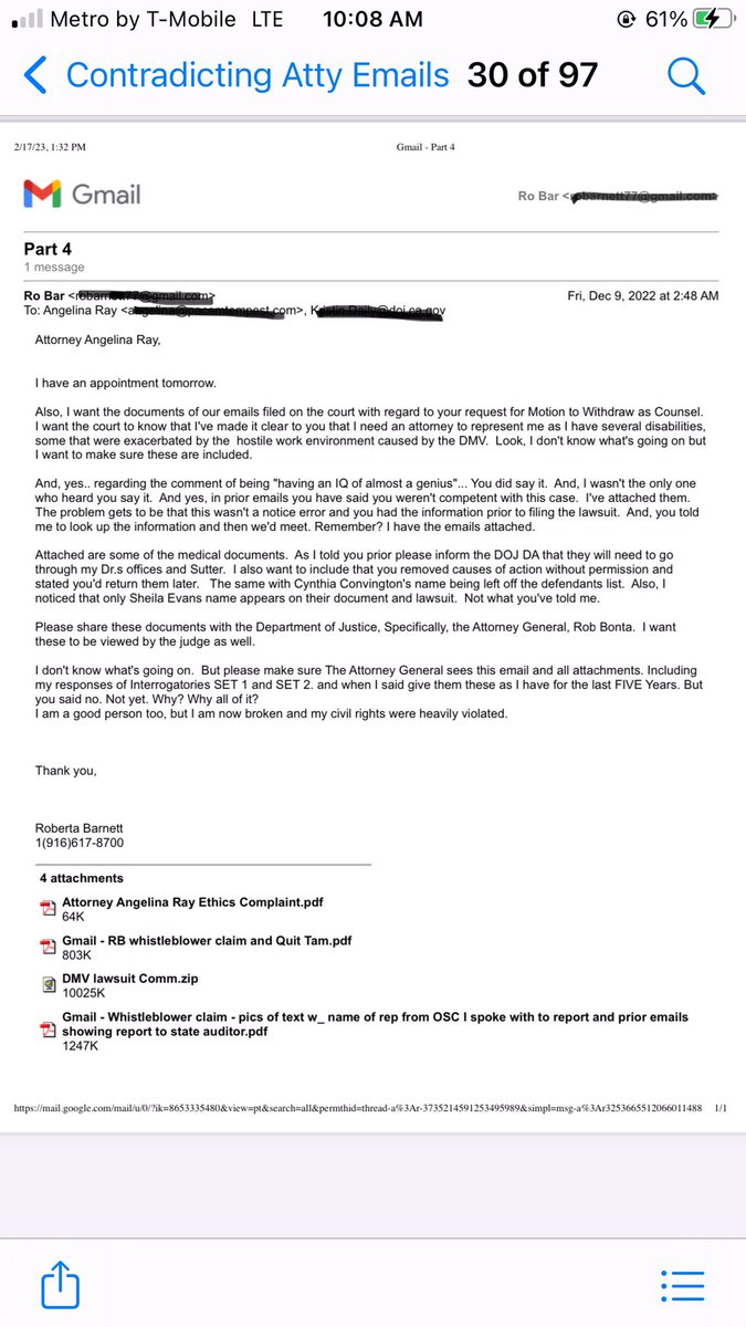 Rbar7777's tweet photo. as discussed. ** Both the DA Bonta and Ray were informed prior that I would need an atty &amp; denied request for withdrawal unless she provided the atty. She knew I’m sick &amp; disabled. She held on to the my evidence so I had no way to know the status of the case and more importantly https://t.co/lPB0DsvueP