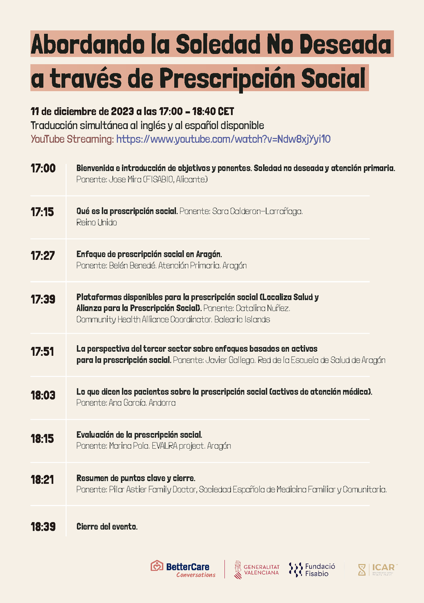 Si trabajas en atención primaria este webinar sobre soledad no deseada y prescripción social te puede interesar... anota el día, 11 diciembre y la hora, 5 de la tarde.