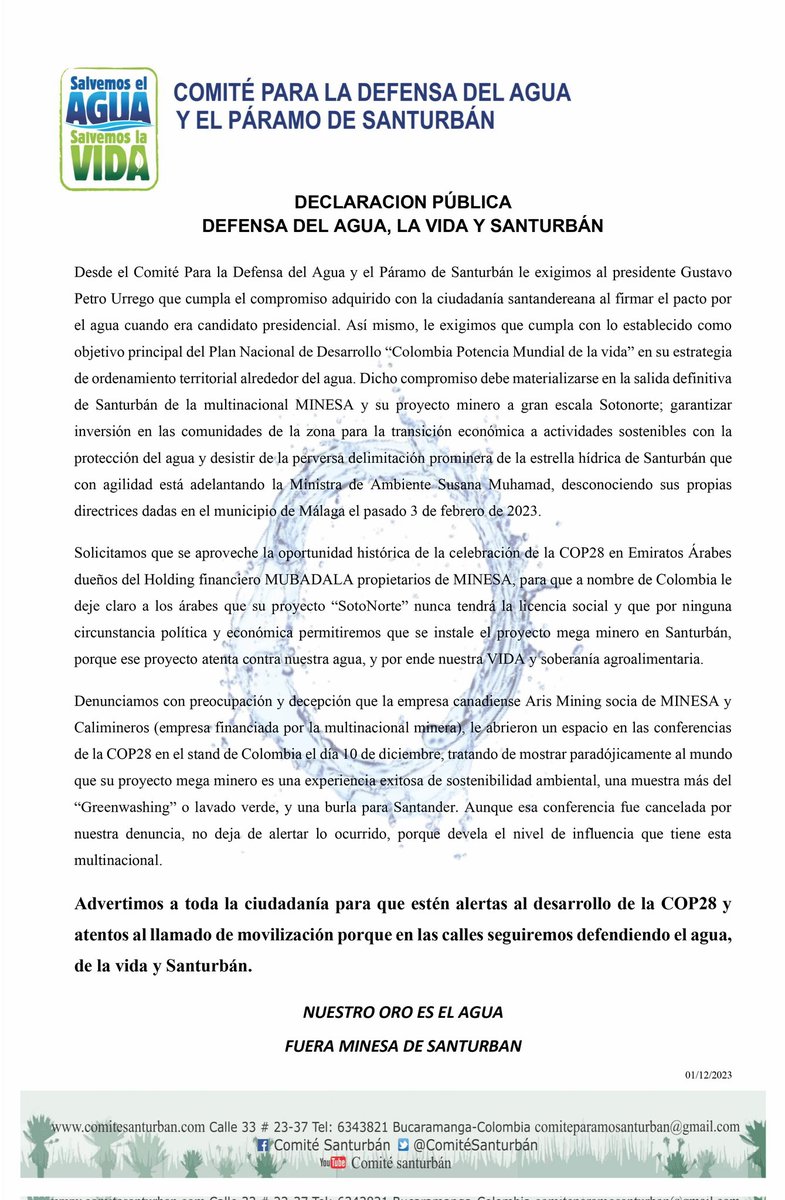 🚨#ComunicadoPúblico Exigimos al Ptde @petrogustavo cumplir compromiso de proteger Santurbán y dejarlo muy claro en la #COP28 
Requerimos acciones urgentes para que MINESA-ARISMINING abandonen nuestro territorio y su pretensión de explotación minera en Santurbán

Alerta Colombia!