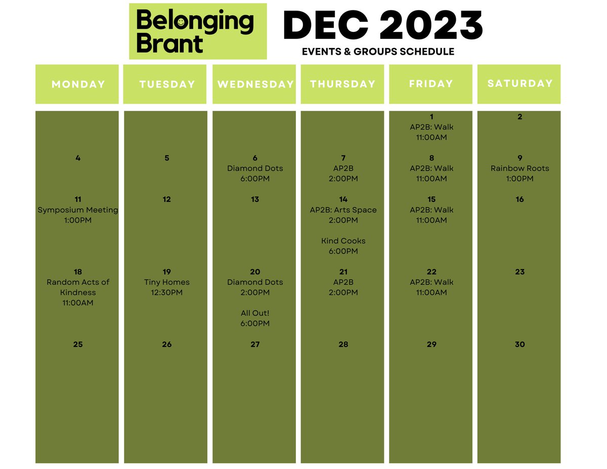 ☃️❄️ Hello December! Check out our monthly calendar, website (belongingbrant.com) and our newsletter (mailchi.mp/095e9bb339c0/b…) for lots of great groups, events, and initiatives to participate in! ❄️☃️