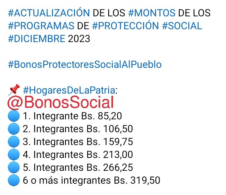BonosSocial's tweet photo. 🚨 #ATENCIÓN: Nuevos ajustes en todos los programas de protección social a través del #SistemaPatria (diciembre 2023).

@BonosSocial
#RumbeaPorElEsequibo https://t.co/sPq8vB6Ojp
